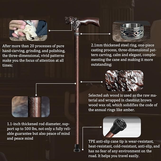 Walking Cane Dedicated Sizes with Hand-Carved Wooden Walking Cane for Men and Women Support up to 500 lbs, All-Day Comfort Ergonomic Canes for Seniors Daily Walking and Outdoor Strolls