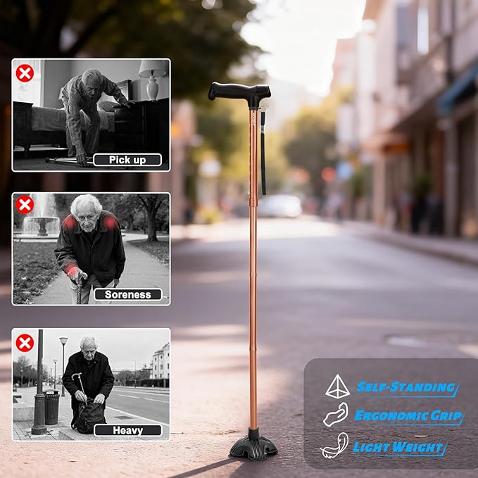 Walking Cane for Men and Women, Extended Grip; Solid Base; Foldable; Adjustable Heights; Lightweight; Free Standing; Portable Canes for Seniors (Orange)