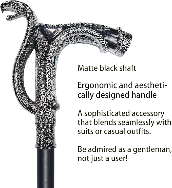 Walking Cane for Men & Women - Heavy Duty 500+ lbs Capacity, Gothic Cane with Ornate Design, Decorative Goth Metal Ergonomic Handle Cane, Black & Silver Snake Walking Stick for Senior Gift