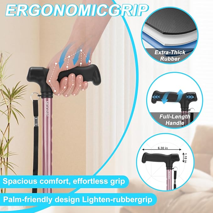 Walking Cane for Women, Extended Grip; Solid Base; Foldable; Adjustable Heights; Lightweight; Free Standing; Portable Canes for Women for Stability (Pink)