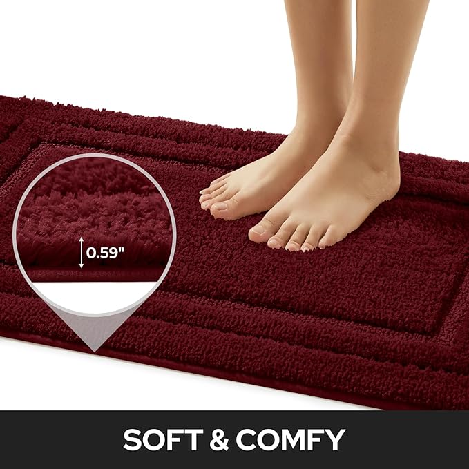 HOMEIDEAS Bathroom Rugs Sets 2 Piece, Super Soft and Absorbent Non Slip Microfiber Machine Washable Bath Mat Set (20" x 32" + 16" x 24", Burgundy Red)
