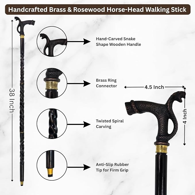 All Black Snake Handle Spiral Wooden Walking Cane