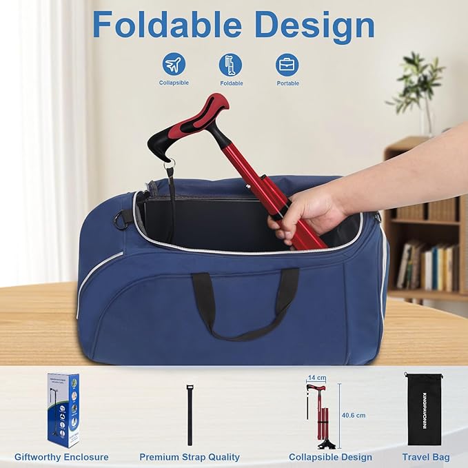 KingPavonini Walking Cane for Men Women Stability, Free Standing Foldable Cane, Ergonomic Handle Pivoting Quad Base, Heavy Duty 350 LBs, Adjustable Walking Canes for Seniors Balance with Travel Bag