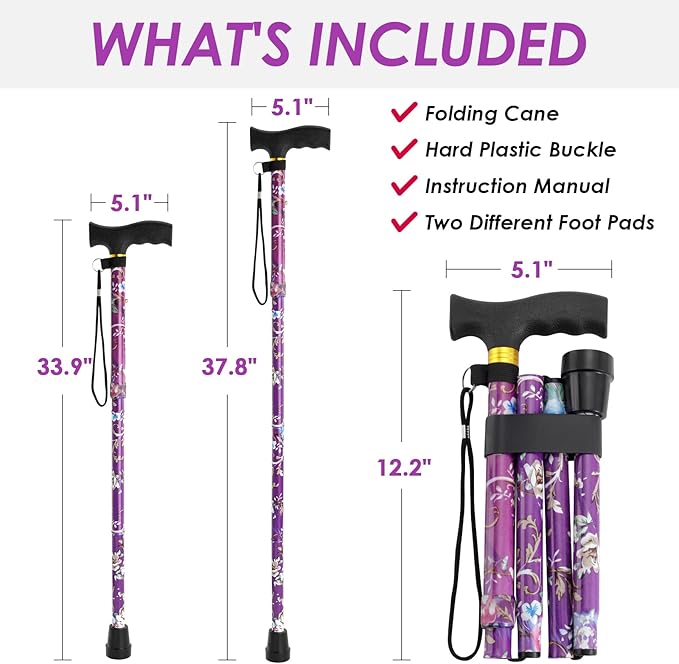 Walking Cane PANZHENG Cane for Man/Woman | Mobility & Daily Living Aids | 5-Level Height Adjustable Walking Stick | Comfortable Plastic T-Handle Portable Walking Stick Folding Cane