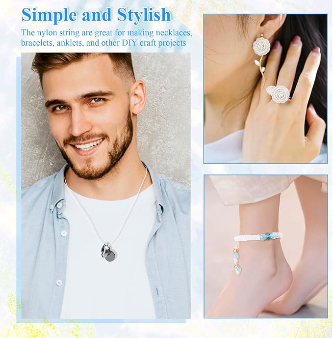 Anezus White Nylon String for Bracelets, 0.8mm Nylon Thread Braided Nylon Cord Wind Chime Outdoor Twine String for Beading, Necklaces, Blinds, DIY Craft, Jewelry Making