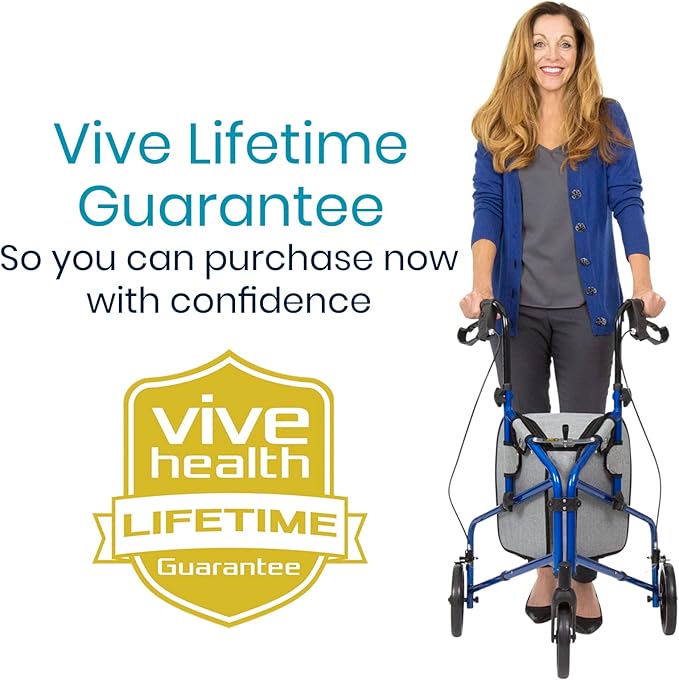 Vive Mobility 3 Wheel Walker - Three Wheeled Rollator for Seniors - Lightweight, Foldable, Narrow, Heavy Duty - for Elderly Men Women - Folding 3-Wheel Tri Scooter with Basket Bag