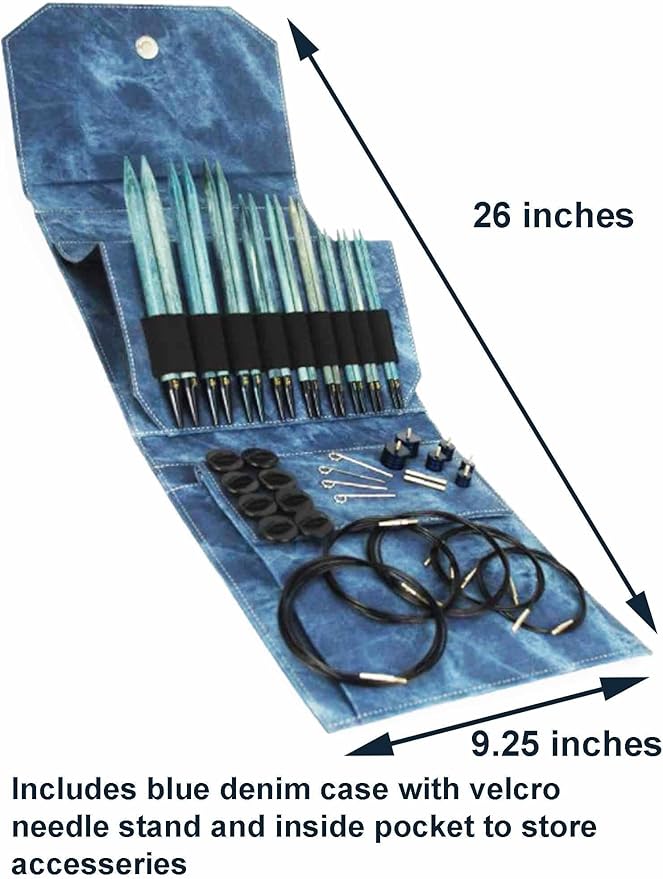 Lykke Indigo 5.5, 6.5 & 7.5 Inch Long Interchangeable Knitting Needles Birch Wood US Sizes US Sizes 7, 8, 9, 10, 10.5, 11, 13, 15, 17 with 5 Cords, connectors, Keys, Azure Denim Case, Project Bag
