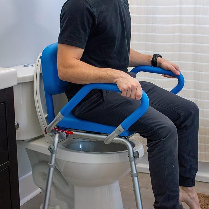 Platinum Health GentleBoost Uplift Raised Toilet Seat with Handles, Padded Bedside Commode Chair for Toilet, Elderly,Handicap Assistance Products, Elevevated, Adjustable with Arms, for Seniors (Blue)