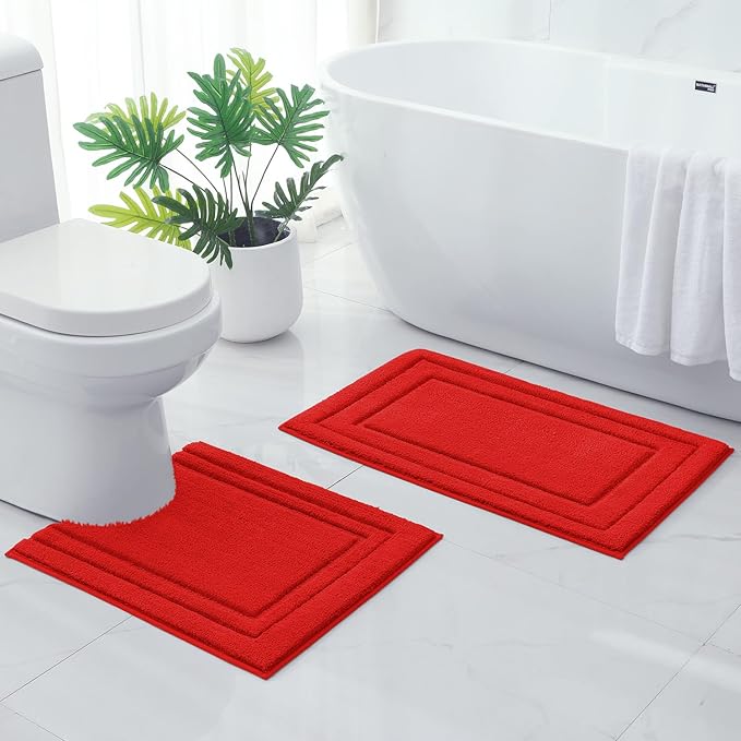 HOMEIDEAS Bathroom Rugs Sets 2 Piece, Super Soft and Absorbent Non Slip Microfiber Machine Washable Bath Mat Set (20"x32"+U20 x24, Red)