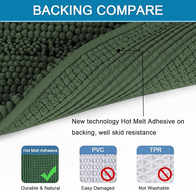 H.VERSAILTEX Bathroom Rugs Bath Mats Sets Super Absorbent Chenille Striped Bath Mats Non Skid Machine Wash Dry Rugs for Bathroom Floor Set of 2(Bronze Green, 47 x 17 Plus 17 x 24 - Inches)