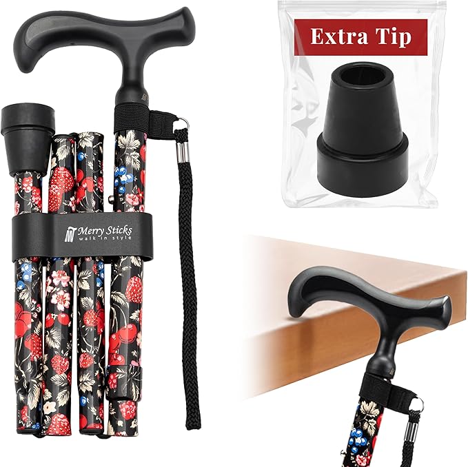 Merry Sticks Lightweight Foldable Walking Canes for Women and Men, Adjustable & Collapsible Walking Stick for Seniors, Non-Slip Ergonomic Handle with 1 Extra Replacement Cane Tip – Berries