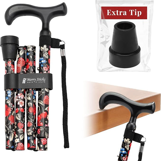 Merry Sticks Lightweight Foldable Walking Canes for Women and Men, Adjustable & Collapsible Walking Stick for Seniors, Non-Slip Ergonomic Handle with 1 Extra Replacement Cane Tip – Berries