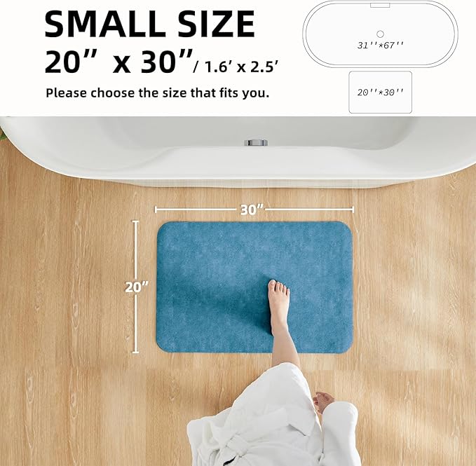 Bathroom Mat Quick Dry, Bathroom Rugs Non Slip Washable Thin Absorbent Bath Mat Fits Under Door Bathroom Floor Mat Perfect for Bath, Shower, or Sink 20"x30" Denim Blue