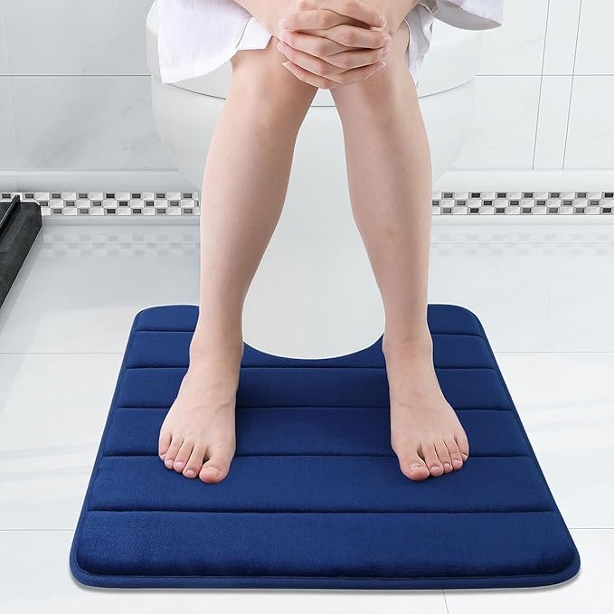 Buganda Memory Foam U-Shaped Contour Toilet Rugs, Non Slip Absorbent, Thick Soft Washable Bathroom Mat, Floor Carpet Bath Rugs Mat for Toilet Base (24" x 24", Navy Blue)