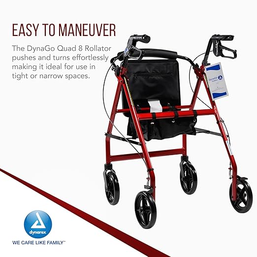 Dynarex DynaGo Quad 8 Rollator - Portable, Stand-Up Rolling Walker - 7.5” Wheels, Ideal for Narrow Spaces, Easy to Maneuver & 300 lb. Weight Capacity, Red Frame, 1 Rollator