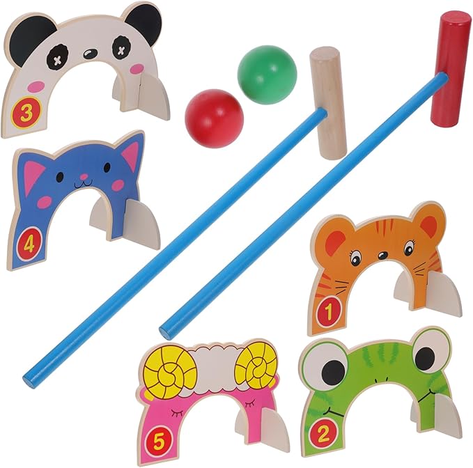 DECHOUS Croquet Sets for Kids: Jungle Animal Wooden Croquet Game Set Outdoor Indoor Parent-Child Interactive Preschool Toy for Children Adults Assorted Color