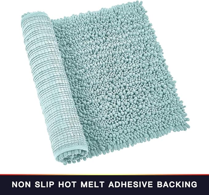 Walensee Bathroom Rug 2 Pieces Set Non Slip Bath Mat (20"x32" Plus 20"x24" U spa Blue) Water Absorbent Super Soft Shaggy Chenille Machine Washable Dry Extra Thick Perfect Carpet for Shower Floor