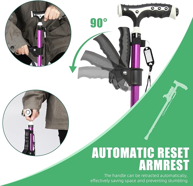 Hold 440 Lbs Walking Cane for Men & Women Aluminum Alloy Lightweight Height Adjustable Walking Stick Heavy Duty Foldbale Free Standing Cane with LED for Seniors Adults