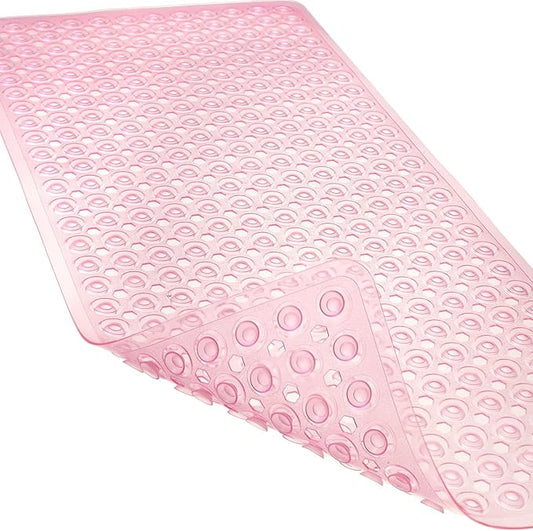 Linoows Non-Slip Bathtub and Shower Mats, Power Grip Bath Mat 35 x 16.3 Inch with Suction Cups and Drain Holes for Tub Bathroom Floor Safety, Machine Washable Soft Bathmat, Clear Pink