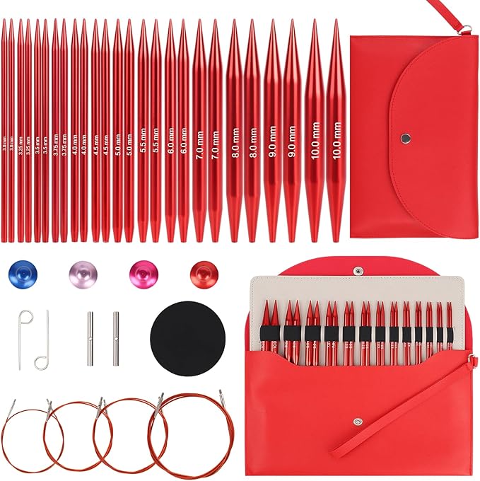 Aeelike Interchangeable Knitting Needles,13 Pairs Circular Knitting Needles Set Aluminum (Size 3.0mm-10.0mm) with 4 Cables for Socks Blankets Cushions, Ideal Crochet Gift