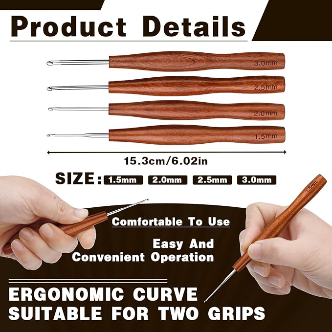 Nitlak 4 Pcs Crochet Hook, 4 Size Aluminum Ergonomic Crochet Hook with Wooden Handle for Arthritic Hands, Beginners, Crochet Needles for Knitting (1.5mm/2mm/2.5mm/3mm)