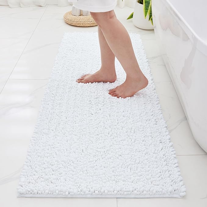 Non Slip Bathroom Rug Machine Washable Thick White Bath Mat 24x44 Soft Absorbent Bathroom Floor Mat Chenille Bath Rug for Shower Tub