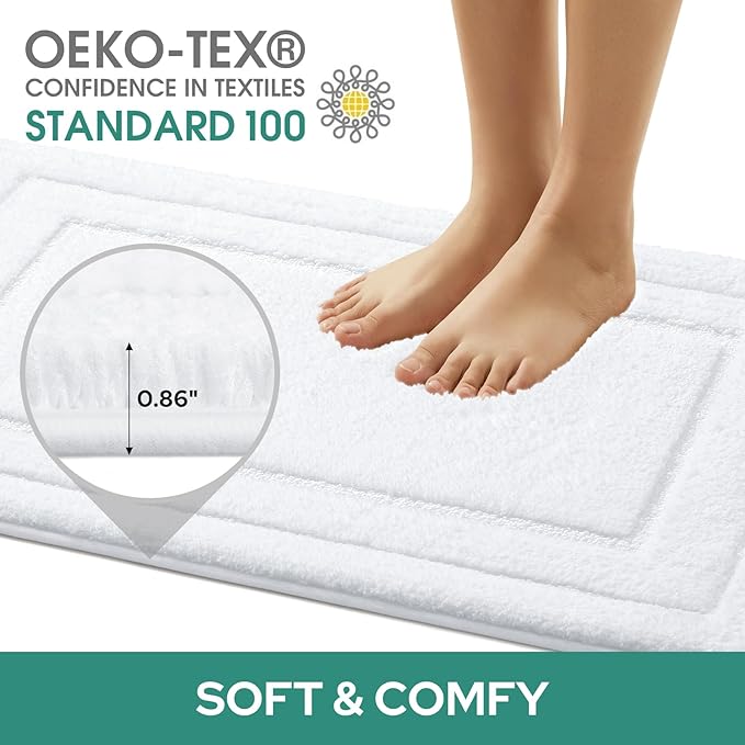 HOMEIDEAS Bathroom Rugs Sets 2 Piece, Super Soft and Absorbent Non Slip Microfiber Machine Washable Bath Mat Set (20" x 32" + 16" x 24", White)