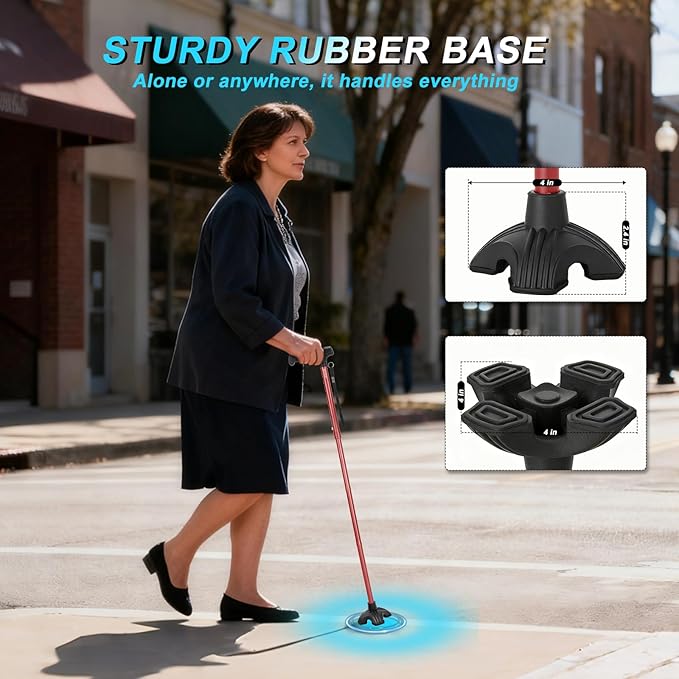 Walking Cane for Women, Extended Grip; Solid Base; Foldable; Adjustable Heights; Lightweight; Free Standing; Portable Canes for Men for Stability (Red)