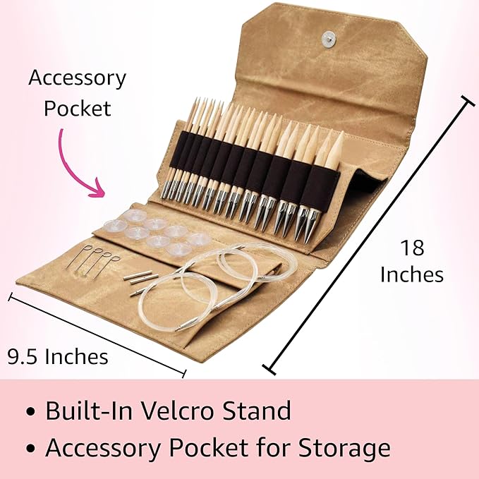 Lykke Naturale 5 in. Complete Set US Sizes 4, 5, 6, 7, 8, 9, 10, 10.5, 11, 13, 15, 17 Interchangeable Circ. Knitting Needles for DK, Worsted, Chunky Yarns, Birch, 5 Cords, Tan DM Case, Project Bag