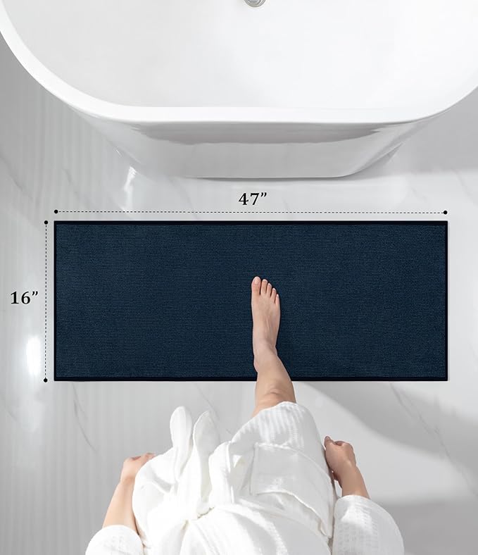 YIHOUSE Bathroom Rugs Mat 16x47, Non Slip Quick Dry Bath Mats for Bathroom Absorbent Ultra Thin Bath Rugs Machine Washable Fit Under Door for Sink, Cabinet, Laundry (Dark Blue, 16"x47")