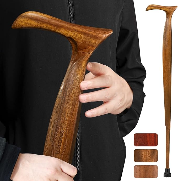 Wooden Walking Cane for Men and Women -Natural Solid Wood, 3 Rubber Tips, Heavy Duty, with Travel Bag- Wooden Walking Stick, Ergonomic Canes for Seniors Unisex Walking Canes