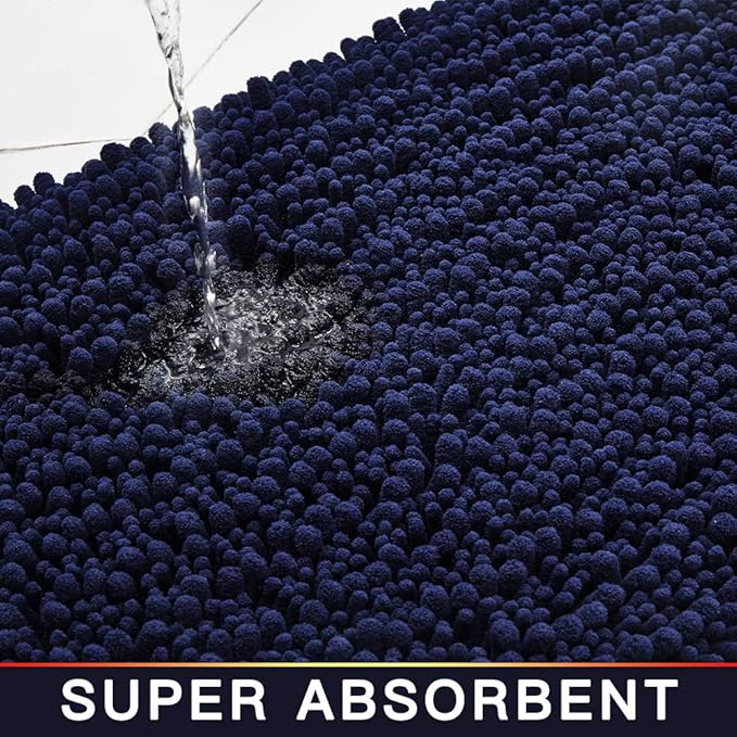 Walensee Bathroom Rug Non Slip Bath Mat (32x20 Inch Navy) Water Absorbent Super Soft Shaggy Chenille Machine Washable Dry Extra Thick Perfect Absorbant Best Large Plush Carpet for Shower Floor