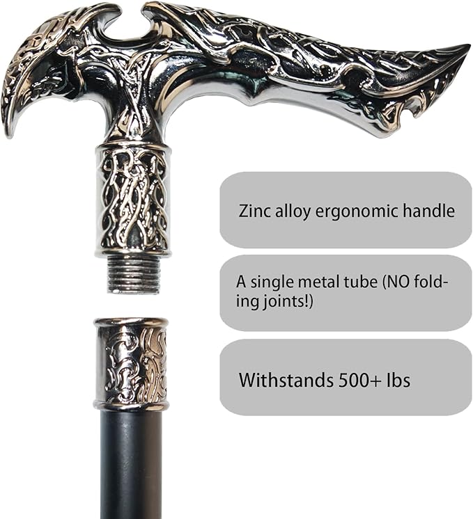 Walking Cane for Men & Women & Seniors - 36.5 Inch Heavy Duty 500+ lbs Capacity, Ergonomic Handle, Ornate & Decorative, Elegant Matte Black & Silver Metal Cane with Goth & Gothic Aesthetic