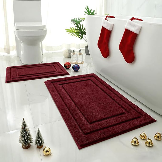 HOMEIDEAS Bathroom Rugs Sets 2 Piece, Super Soft and Absorbent Non Slip Microfiber Machine Washable Bath Mat Set (20" x 32" + 16" x 24", Burgundy Red)