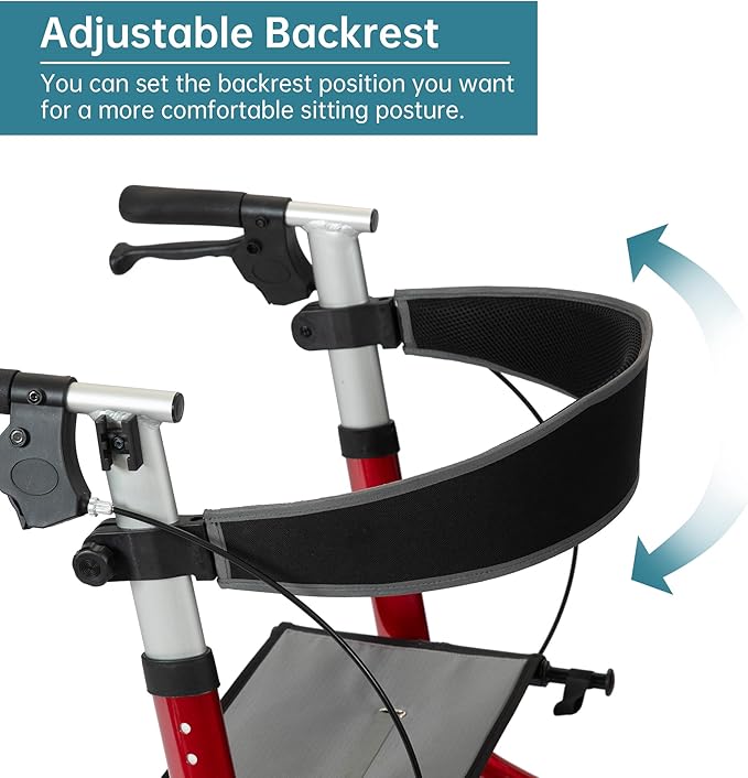 ELENKER All-Terrain Rollator Walker with Seat, Outdoor Rolling Walker, 12” Non-Pneumatic Tire Front Wheels, Compact Folding Design for Seniors, Red