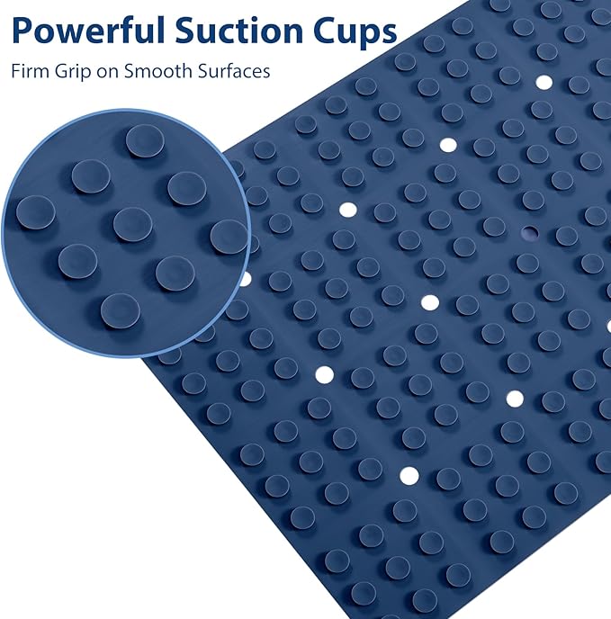 Silicone Bath Mat with Suction Cups – Non-Slip Foldable Bathtub & Shower Mat, Durable & Quick-Dry Safety Tub Mat with Large Drain Holes for Families 28"x 14" Navy Blue