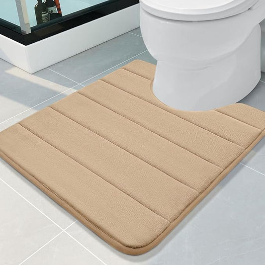 Buganda Memory Foam U-Shaped Contour Toilet Rugs, Non Slip Absorbent, Thick Soft Washable Bathroom Mat, Floor Carpet Bath Rugs Mat for Toilet Base (24" x 20", Camel)