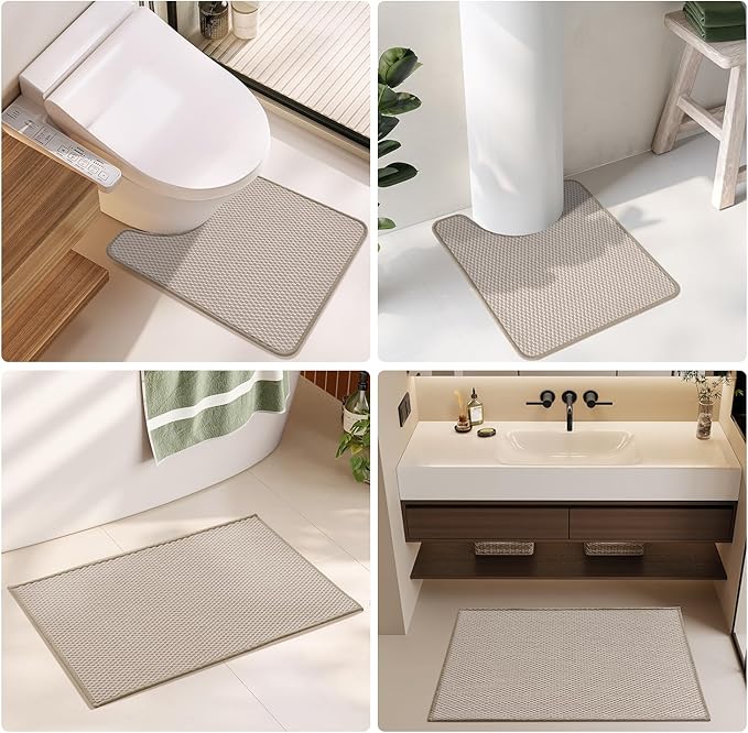 Toilet Rug, Thin Toilet Rugs U Shaped Washable Non Slip Absorbent Quick Dry Low Pile Toilet Mat, Beige 20"x24" U Shape