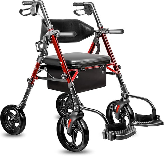 Foldable Rollator Walker with Seat for Seniors & Adults Lightweight 2-in-1 Walker and Wheelchair Combo Adjustable Handle Height and Seat Transport Chair with Brakes 300 lbs Weight Capacity