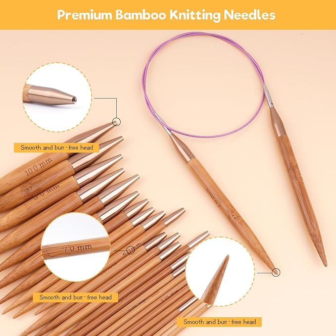 Weabetfu Knitting Needles Set with Bamboo Circular Knitting Needle 13 Pair Interchangeable Knitting Needles and Cables, Accessories and Case Perfect for Beginner, DIY Crafts