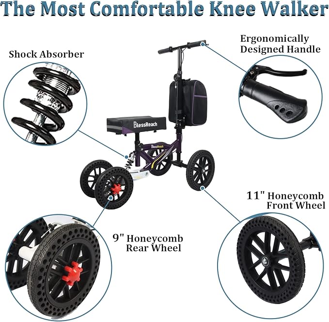All Terrain Foldable Knee Scooter Walker, Disc Brake Knee Walker for Foot Injuries, Compact Crutches Alternative (Purple)