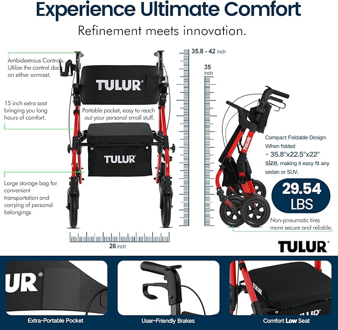 All Terrain Walker Wheelchair Combo,Rollator Walker with Seat for Seniors with Footrest,Transport-Wheelchair Combo,2 in 1 Rolling Walker Chair with Wide Backrest, Red