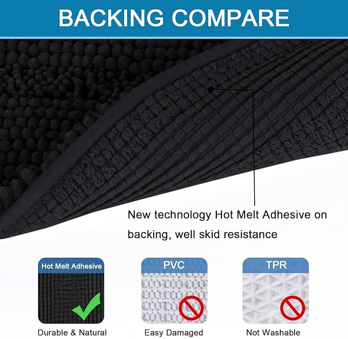 H.VERSAILTEX 2 Piece Bathroom Set - Super Absorbent Chenille Striped Bath Mats - Non Skid Machine Wash Dry Rugs for Bathroom Floor (Black, 24 x 36 Plus 20 x 32 - Inches)