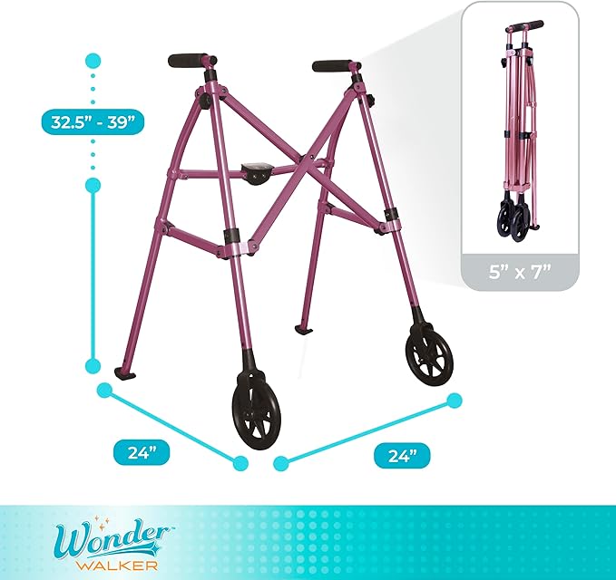 Stander Space Saver Walker, Lightweight Folding Rolling Mobility Aid for Seniors & Adults, Compact 2-Wheel Disability Device with 6-inch Wheels & Ski Glides for Walking Support, Regal Rose