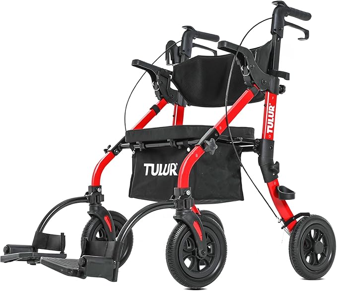 All Terrain Walker Wheelchair Combo,Rollator Walker with Seat for Seniors with Footrest,Transport-Wheelchair Combo,2 in 1 Rolling Walker Chair with Wide Backrest, Red