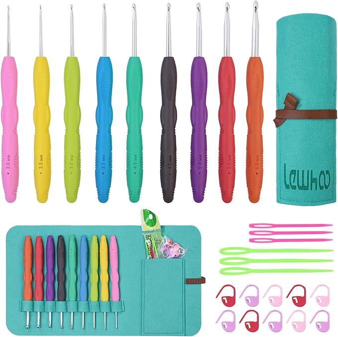 Lewhoo Crochet Hooks, 9 Size Ergonomic Crochet Hook Set with Roll Felt Case, Beginner Long Needle for Arthritic Hands, Size from 2.0mm-6.0mm/B-J