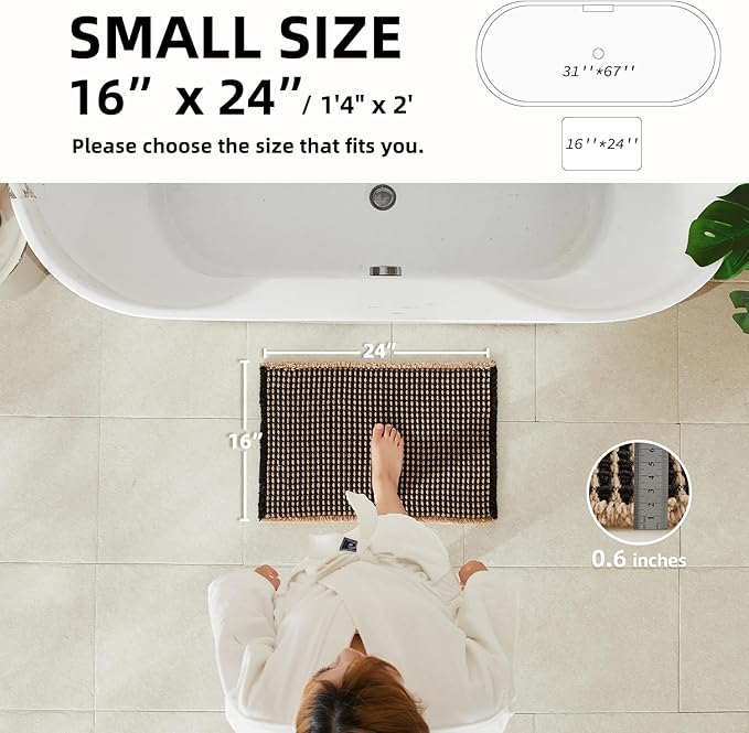 Waffle Bath Mat, Boho Bathroom Rugs Non Slip Washable Super Absorbent Quick Dry Bath Mat Farmhouse Bathroom Decor, 24"x16" Khaki and Black