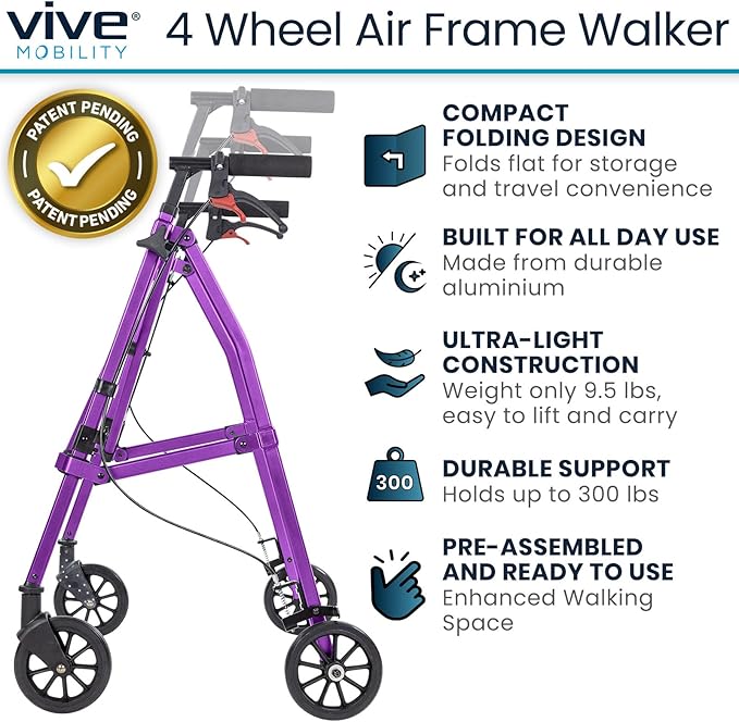 Vive Mobility Lightweight Walker for Seniors - Narrow, Folding Walker w/Wheels for Small & Tight Spaces - Light Weight for Balance, Compact Doorways, Foldable - Portable & Collapsible for Travel