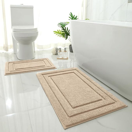 HOMEIDEAS Bathroom Rugs Sets 2 Piece, Super Soft and Absorbent Non Slip Microfiber Machine Washable Bath Mat Set (20" x 32" + 16" x 24", Beige)