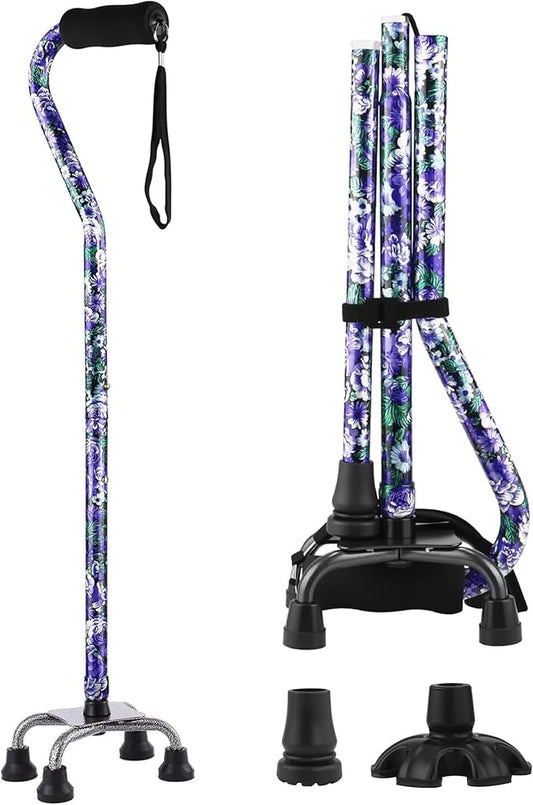 Walking Cane for Women & Men, Adjustable Quad Cane with 4-Prong Base for Stability and Balance, Folding Aluminum Walking Stick for Seniors